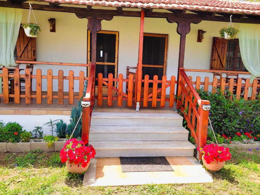 RODAVGI front entrance with wooden veranda, flower pots, and lush garden